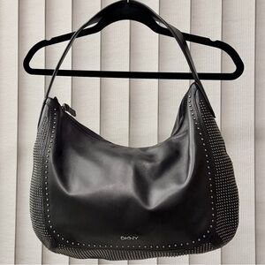 DKNY Black Studded Leather Shoulder Hobo